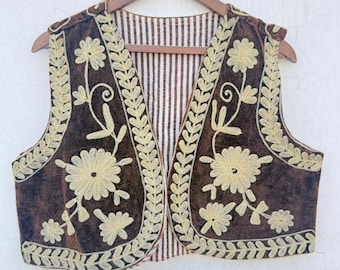 Velvet Suzani Vest, Floral Boho Waistcoat, Embroidered Sleeveless Jacket, Indian Style.