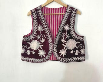 Velvet Suzani Vest, Floral Bohemian Waistcoat, Embroidered Gilet Jacket, Party Wear Style.