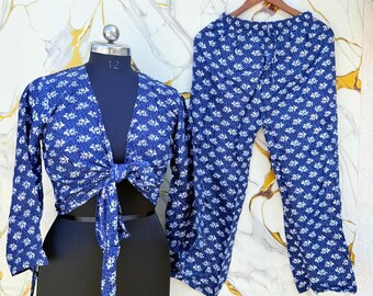 Rayon Tie Top and Wide Leg Trouser Set, Boho Chic Pajamas.