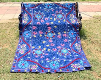 Suzani Embroidered Bedspread, Floral Boho Cotton Throw Blanket, Uzbek Suzani Textile.