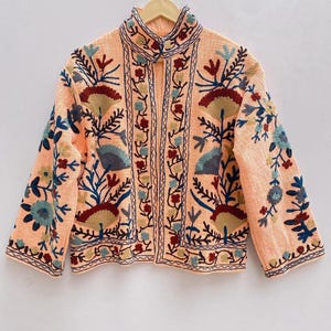 Hand Embroidered Short Suzani Jacket, Open Front TNT Fabric Suzani Jacket, Short Length Embroidered Coat, Floral Embroidery Suzani Coat