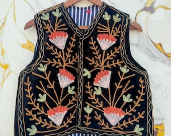 Velvet Suzani Vest, Open Front Boho Waistcoat, Floral Embroidered Jacket, Winter Layer.