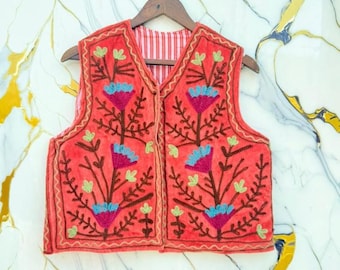 Velvet Suzani Vest, Floral Boho Waistcoat, Embroidered Gilet Jacket, Women Layering Style.