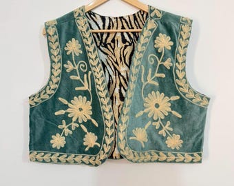 Velvet Suzani Vest Floral Embroidered Waistcoat, Boho Folk Gilet, Handmade Sleeveless Jacket, Botanical Layering.