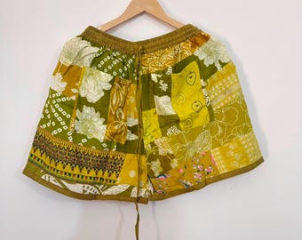 Rayon Patchwork Shorts, Boho Hippie Summer Wear, Elastic Waist Festival Lounge Bottoms