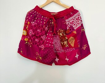 Rayon Patchwork Shorts, Boho Hippie Festival Beachwear, Handmade Elastic Drawstring, Summer Lounge.