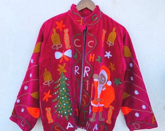 Santa Embroidered Velvet Jacket, Vintage Inspired Festive Boho Outerwear