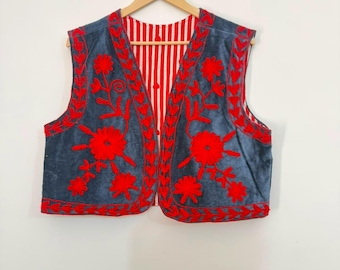 Embroidered Velvet Vest, Floral Waistcoat, Boho Gilet, Open Front Sleeveless Layering Piece.