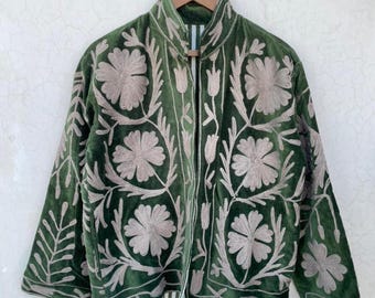 Suzani Embroidery Velvet Jacket, Boho Open Front Coat.