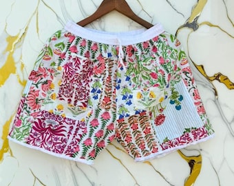 Loungewear Comfy Shorts, Bohemian Summer Beach Wear Short, Patchwork Yoga Shorts.