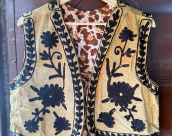 Velvet Floral Embroidered Vest, Ethnic Waistcoat, Boho Gilet, Sleeveless Layering Piece.