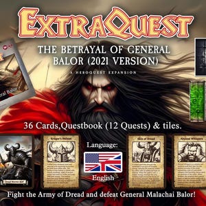 Może przedstawiać: Rozszerzenie gry planszowej do HeroQuest o nazwie "The Betrayal of General Balor (2021 Version)". Rozszerzenie zawiera 36 kart, książkę z 12 zadaniami i płytki. Gra jest w języku angielskim.