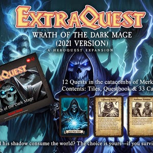 May include: ExtraQuest Wrath of the Dark Mage 2021 Version board game expansion featuring a dark hooded figure with glowing blue eyes, a game box, and game cards including Lightning Bolt, Summon Zombies, and Chronoheart Amulet in English.