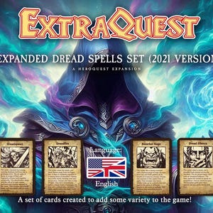 Może przedstawiać: Zestaw kart ExtraQuest Expanded Dread Spells Set (wersja 2021). Obraz przedstawia fantastyczny design z postacią w kapturze i wirującym kosmicznym tłem. Zestaw zawiera różne karty zaklęć z ilustracjami i tekstem.