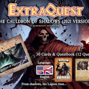 Może przedstawiać: Rozszerzenie ExtraQuest: The Cauldron of Shadows (wersja 2021). Zawiera 30 kart i księgę zadań z 12 zadaniami. Obraz przedstawia szkieletową postać w czerwonym płaszczu z kapturem, z tekstem "From shadows, the Legion rises..."