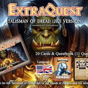 以下が含まれることがあります： ExtraQuest Talisman of Dread (2021年版) ボードゲームセット。オークのようなキャラクターとゲームカードが登場するファンタジーをテーマにしたゲームです。セットには20枚のカードと11個のクエストがあるクエストブックが含まれています。テキストには「恐怖のタリスマンをザルゴンとその手下に渡すな！」と書かれています。