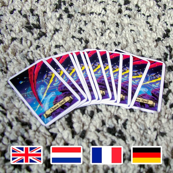 HeroQuest US Chaos Spell Cards Cartes de style européen - Ensemble complet - Eng / Nl / Fr / De Repro