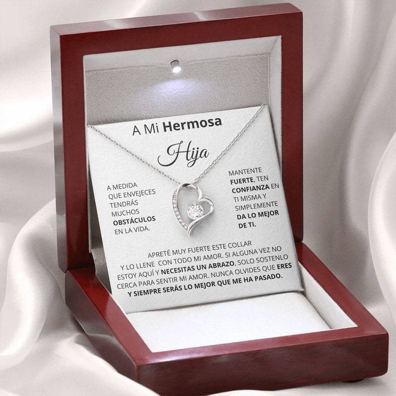 regalo para mi hija | A mi hermosa hija| Collar Amor por siempre| Regalo de Cumpleaños| Bautizo | Cumpleanos Acabado En Oro Blanco De 14 K | Caja De Lujo Con LUZ