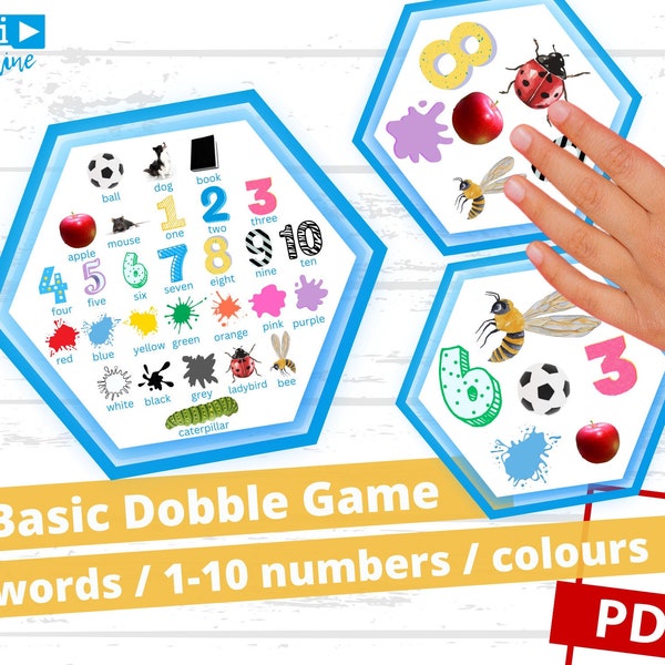 spot it, dobble game style, basic vocabulary, 28 english words for toddlers, family game, famimly activity, esl printable, esl game,matching