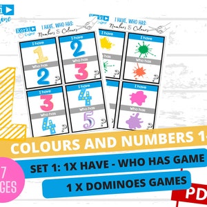 Pode incluir: Um conjunto de jogos imprimível em PDF para crianças aprenderem cores e números de 1 a 10. O conjunto inclui um jogo "Eu Tenho, Quem Tem?" e um jogo de dominó. Os cartões de jogo apresentam ilustrações coloridas de números e respingos de tinta.