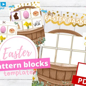 May include: A printable set of 40 Easter pattern block templates. The templates feature a basket filled with Easter eggs, chicks, bunnies, and other Easter treats. The text "My Easter Basket" is at the top of the page. The text "40 Cards" is at the bottom of the page. The text "Easter pattern blocks templates" is in a pink circle.