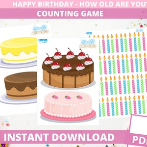 May include: Printable birthday game featuring three colorful cakes and a sheet of candles. The game is titled "Happy Birthday - How Old Are You? Counting Game".