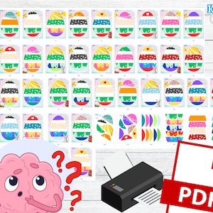 K&ouml;nnte beinhalten: Eine druckbare PDF-Datei mit 36 farbenfrohen Osterei-Designs. Jedes Ei ist in Abschnitte mit verschiedenen Mustern und Farben unterteilt. Die Designs sind perfekt zum Ausmalen, Dekorieren oder Basteln.