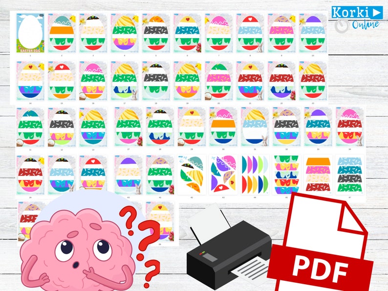 K&ouml;nnte beinhalten: Eine druckbare PDF-Datei mit 36 farbenfrohen Osterei-Designs. Jedes Ei ist in Abschnitte mit verschiedenen Mustern und Farben unterteilt. Die Designs sind perfekt zum Ausmalen, Dekorieren oder Basteln.