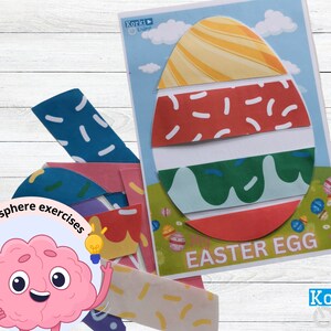 K&ouml;nnte beinhalten: Eine druckbare Oster-Eier-Aktivit&auml;t f&uuml;r Kinder. Das Bild zeigt ein buntes Osterei mit verschiedenen Mustern und dem Text "Brain hemisphere exercises" und "Easter Egg".