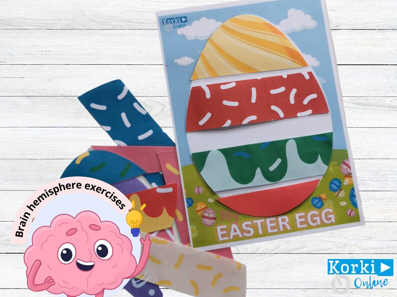 K&ouml;nnte beinhalten: Eine druckbare Oster-Eier-Aktivit&auml;t f&uuml;r Kinder. Das Bild zeigt ein buntes Osterei mit verschiedenen Mustern und dem Text "Brain hemisphere exercises" und "Easter Egg".