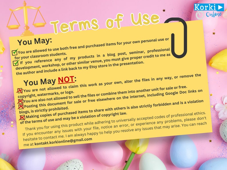 K&ouml;nnte beinhalten: Ein gelbes und wei&szlig;es Dokument mit dem Titel "Nutzungsbedingungen" und einer Liste von Regeln f&uuml;r die Verwendung digitaler Produkte. Das Dokument enth&auml;lt ein Waagschalen-Symbol, H&auml;kchen und rote Kreuze, um anzuzeigen, was erlaubt ist und was nicht.