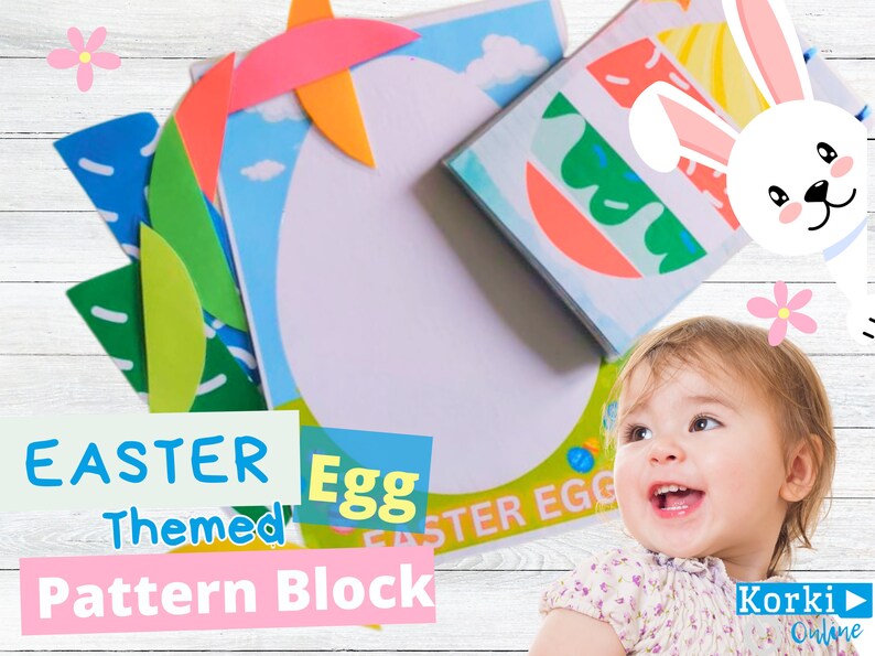 K&ouml;nnte beinhalten: Ein Satz bunter Schaumstoff-Musterbl&ouml;cke in Form von Eiern. Die Bl&ouml;cke sind in einem Kreis um ein wei&szlig;es, eif&ouml;rmiges St&uuml;ck Papier angeordnet. Der Text "Easter Themed Egg Pattern Block" ist auf das Papier geschrieben. Ein kleines Kind schaut mit einem L&auml;cheln auf die Bl&ouml;cke.