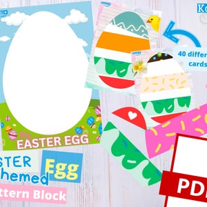May include: A printable PDF file with 40 different Easter egg pattern block cards. The cards feature various colorful patterns and designs, including stripes, polka dots, and swirls. The text "Easter Egg" and "Pattern Block" are visible on the page.