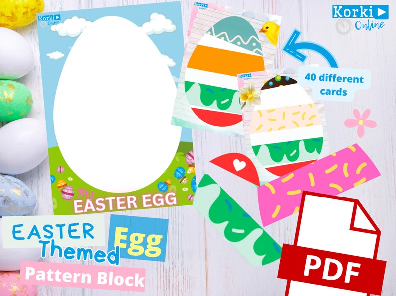 K&ouml;nnte beinhalten: Eine druckbare PDF-Datei mit 40 verschiedenen Oster-Eier-Musterblockkarten. Die Karten zeigen verschiedene farbenfrohe Muster und Designs, darunter Streifen, Punkte und Wirbel. Der Text "Easter Egg" und "Pattern Block" ist auf der Seite sichtbar.