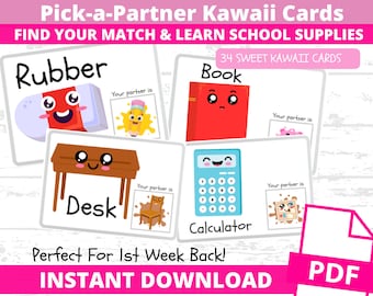 Pick-a-partner | 34 sweet KAWAII cards | School Supplies | School objects| Classroom management  for educators | management strategies