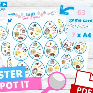 May include: A printable Easter Spot It game with 63 game cards, printed on 7 sheets of A4 paper. The cards feature colorful illustrations of Easter eggs, bunnies, flowers, chocolate, and other Easter-themed items.