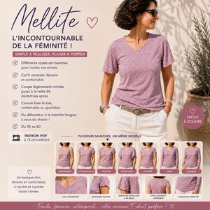 Könnte beinhalten: Ein Schnittmuster für ein V-Ausschnitt-T-Shirt namens Mellite aus violettem Blumenstoff. Das Bild zeigt eine Person, die das T-Shirt trägt, Text mit Details zu Ärmelstilen und Größen sowie ein Raster mit verschiedenen Ärmelvarianten.