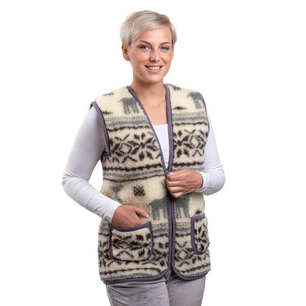 Gilet Veste Laine de Mouton Merinos Naturelle Cardigan Extra Chaude S→5XL Femme Homme Unisexe Beige Marron Carreaux Motif Norvégien Cerf