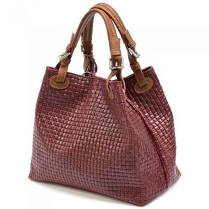 Sac à main Bandoulière Cabas Cuir Véritable Effet Tressé Porté Epaule Tote Shopper Bag Rouge Foncé Bordeaux Marron Cadeau Femme Handmade