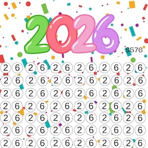 Könnte beinhalten: Ein weißer Spar-Tracker mit dem Jahr "2026" in bunten Buchstaben. Der Tracker hat mehrere Kreise mit den Zahlen "26" darin, und der Gesamtsparbetrag beträgt 576 $. Konfetti ist an den Rändern verstreut.