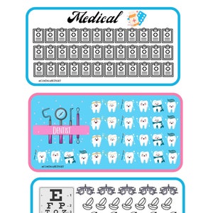 May include: Three printable medical themed sticker sheets. The first sheet has a blue background with the word "Medical" in black cursive writing. The sheet is filled with 40 black and white outlines of clipboards with a plus sign in the center. The second sheet has a light blue background with the word "Dentist" in black cursive writing. The sheet is filled with 36 white cartoon teeth with various expressions and accessories. The third sheet has a white background with a black and white eye chart. The sheet is filled with 20 black and white outlines of eyeglasses and contact lenses.