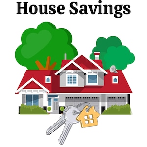 Może przedstawiać: Ilustracja czerwonego i szarego domu z zielonym trawnikiem i kompletem kluczy z brelokiem w kształcie domu. Tekst "House Savings" znajduje się w górnej części obrazu. Tekst "@cinonabudget" znajduje się w dolnej części obrazu.