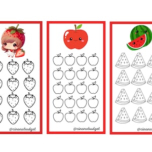 May include: Three colorful fruit-themed illustrations with a red border. The first features a strawberry character and outlines of strawberries. The second shows a smiling apple and apple outlines. The third displays a watermelon character and watermelon slice outlines. Text: @cinonabudget.
