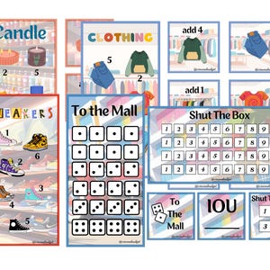May include: A set of educational printables with diverse themes. Includes "Candle" and "Sneakers" with numbered items, "Clothing" with garment illustrations, and games such as "To the Mall" and "Shut the Box".