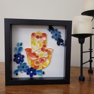 Hamsa Art Piece | Paper Quilling | Jewish House Blessing | Quilled Hand of Miriam | 8x8 inch Framed Art
