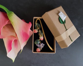 Floral Bird Metal Bookmark: Acrylic Flower Petals, Gold Hook