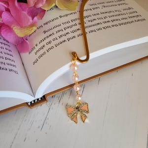 Metal Bookmarks | Book Jewelry | Bow Pendant | Pearl Bead Accents | Gold Hook | Six Colors Available