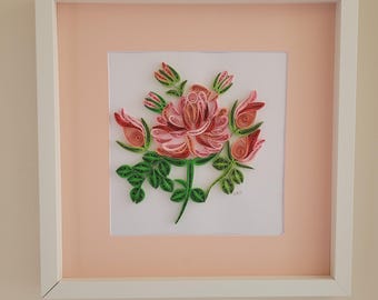 Pink Roses Quilled Paper Art: 12x12 Framed Floral Wall Decor