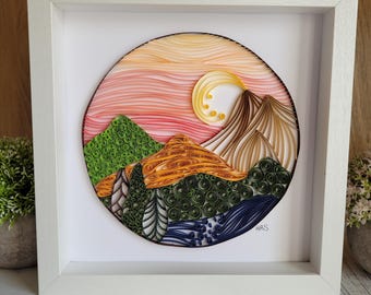 Quilled Mountain Landscape Art: 3D Paper Filigree, 9x9 Framed