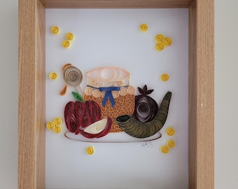 Quilled Rosh Hashanah Art: Apples, Honey, Shofar - 8x10 Framed Paper Craft